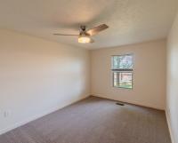 Bright bedroom with neutral walls, new carpet flooring, and a modern ceiling fan with light. A large window provides natural sunlight and overlooks the landscaped outdoor area.